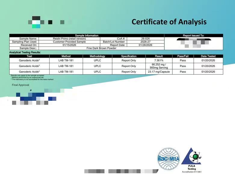 Figure 1. Redacted Product A COA excerpt showing UPLC specific Reishi triterpenoid markers. Identifying commercial details have been removed.