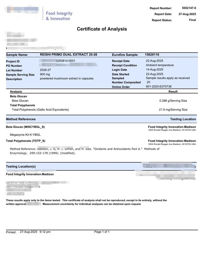 Figure 2. Redacted Product A COA excerpt showing Megazyme beta-glucan result. Identifying commercial details have been removed.