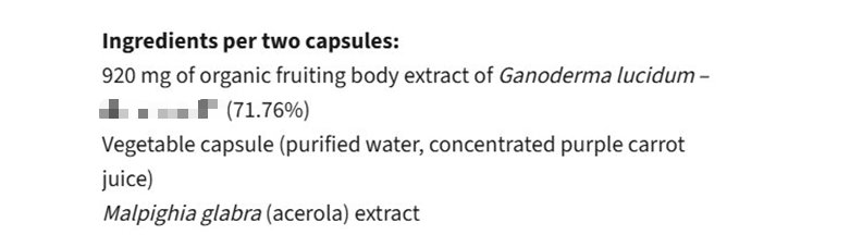 Figure 3. Redacted Product B label excerpt showing ingredients per two capsules. Identifying commercial details have been removed.