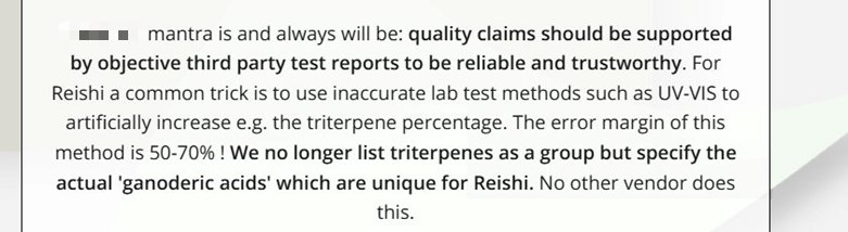 Figure 5. Redacted market-facing explanation comparing broad triterpenoid methods with specific ganoderic acid testing. Identifying commercial details have been removed.