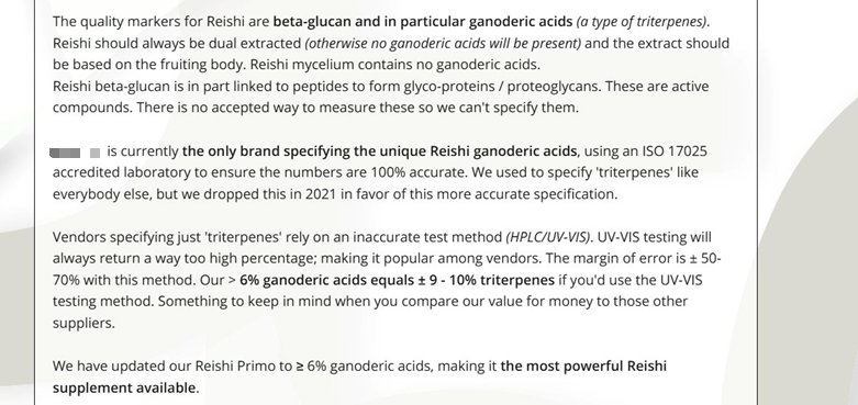 Figure 6. Additional redacted market-facing explanation comparing broad triterpenoid methods with specific ganoderic acid testing. Identifying commercial details have been removed.