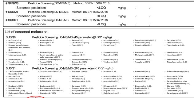Figure 8. Redacted broad multi-residue pesticide screen example showing hundreds of analytes, part 1. Identifying commercial details have been removed.