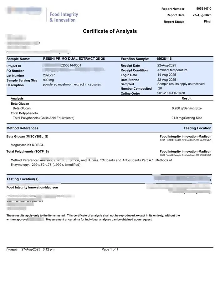 Figure 2. Redacted Product A COA excerpt showing Megazyme beta-glucan result. Identifying commercial details have been removed.