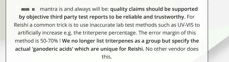 Figure 5. Redacted market-facing explanation comparing broad triterpenoid methods with specific ganoderic acid testing. Identifying commercial details have been removed.