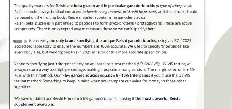 Figure 6. Additional redacted market-facing explanation comparing broad triterpenoid methods with specific ganoderic acid testing. Identifying commercial details have been removed.