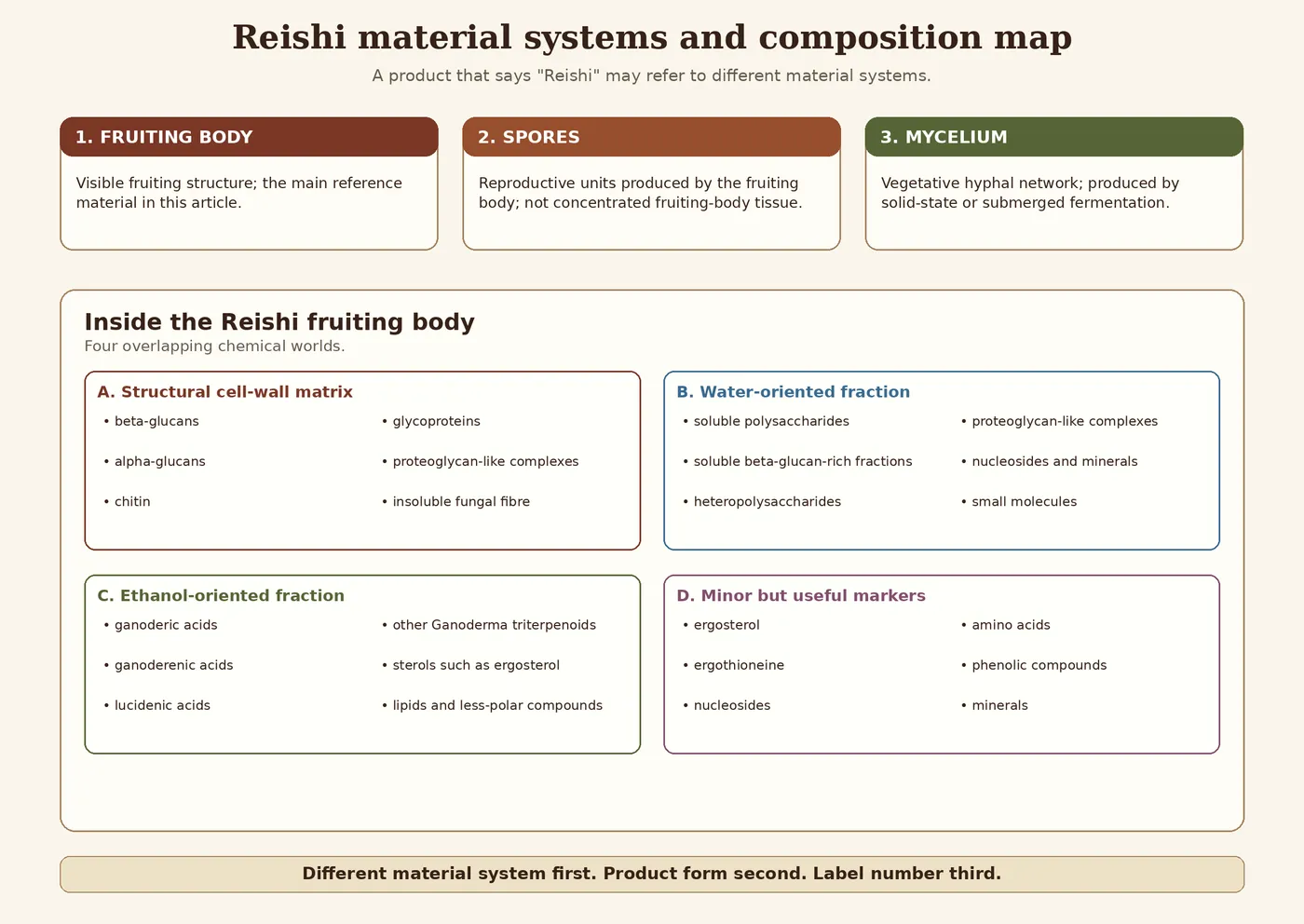 Reishi material systems and composition map showing fruiting body, spores and mycelium