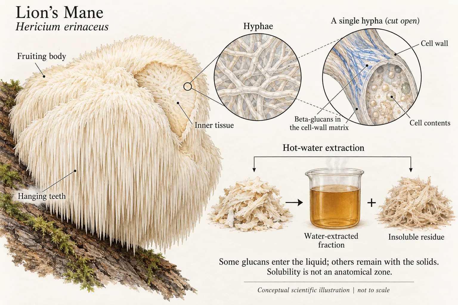 Lion’s Mane fruiting body, hyphae and cell-wall detail, with water-extracted liquid and insoluble residue shown as processing outcomes.