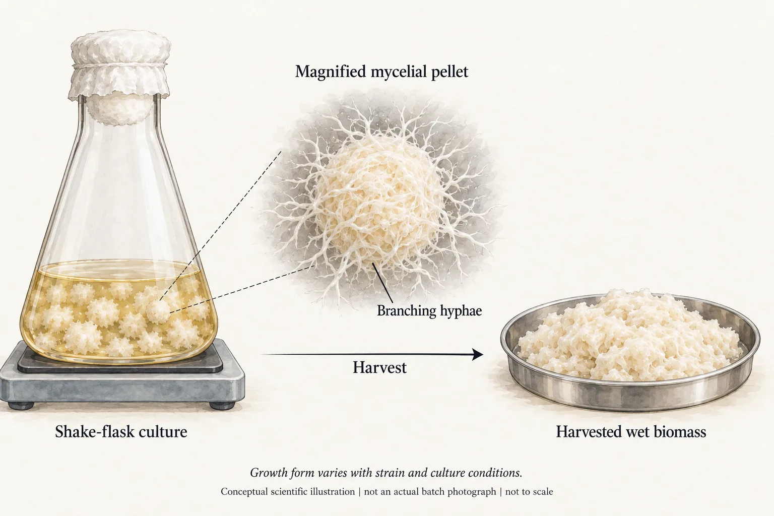 Conceptual shake-flask culture with a magnified mycelial pellet and harvested wet Lion’s Mane biomass.